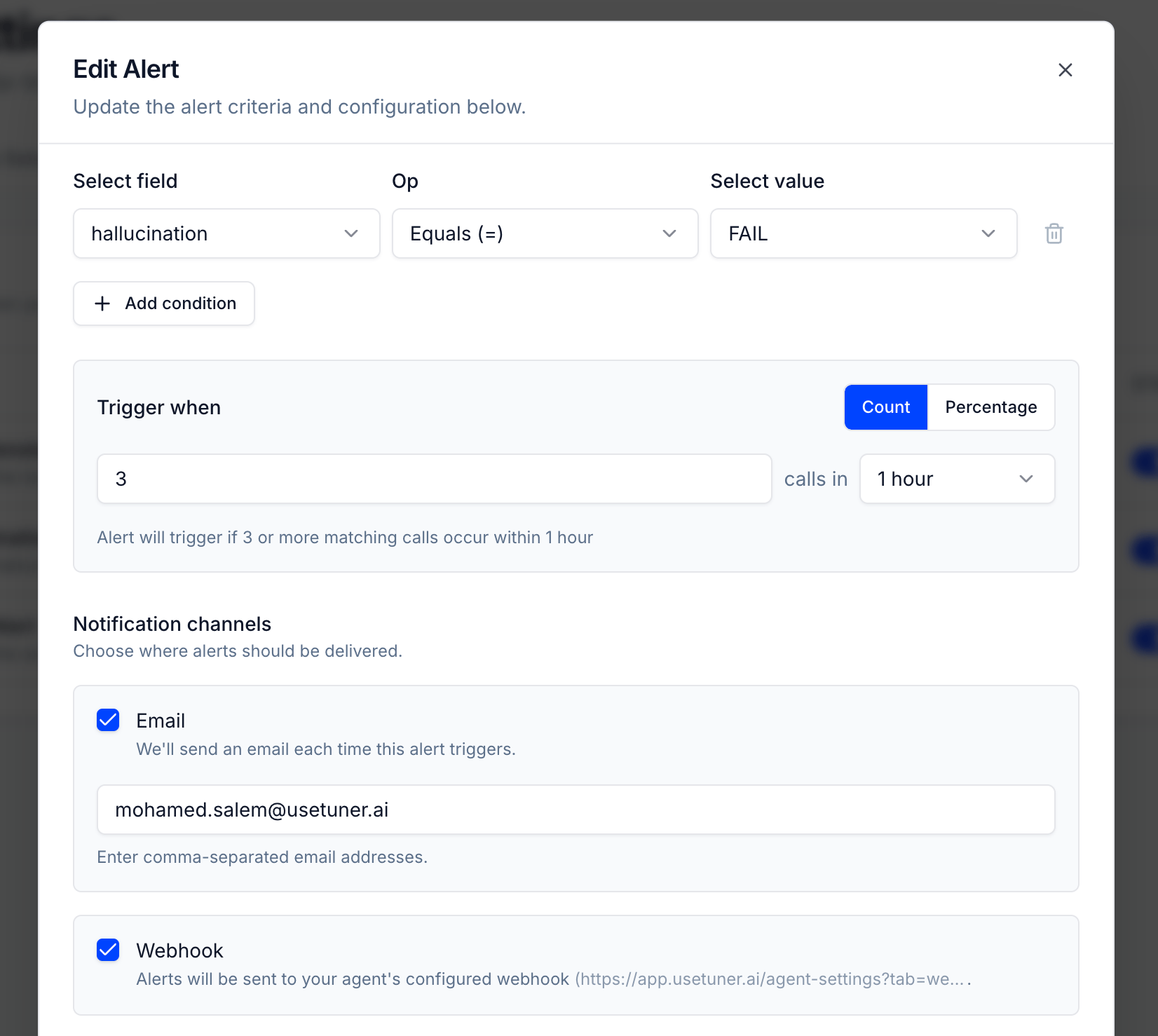 Alert notification channels: Email and Webhook