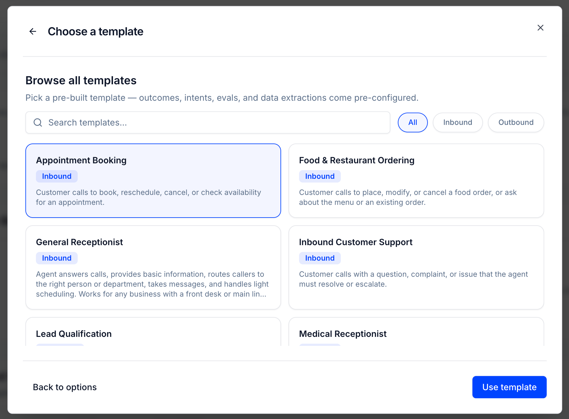 Browse all templates screen with search, direction filters, and template cards