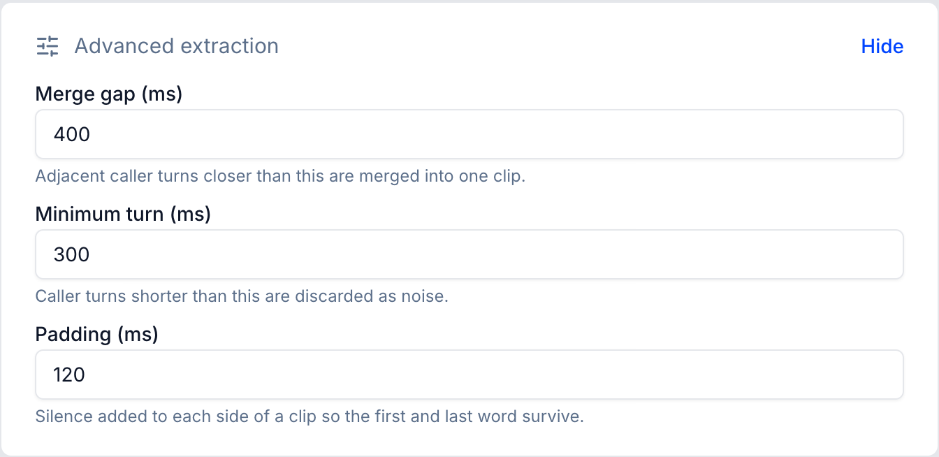 Advanced extraction settings with the default values