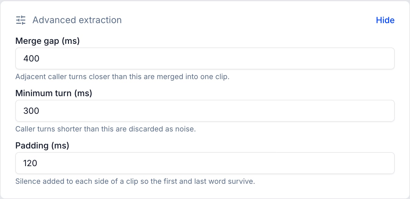 Advanced extraction settings with the default values