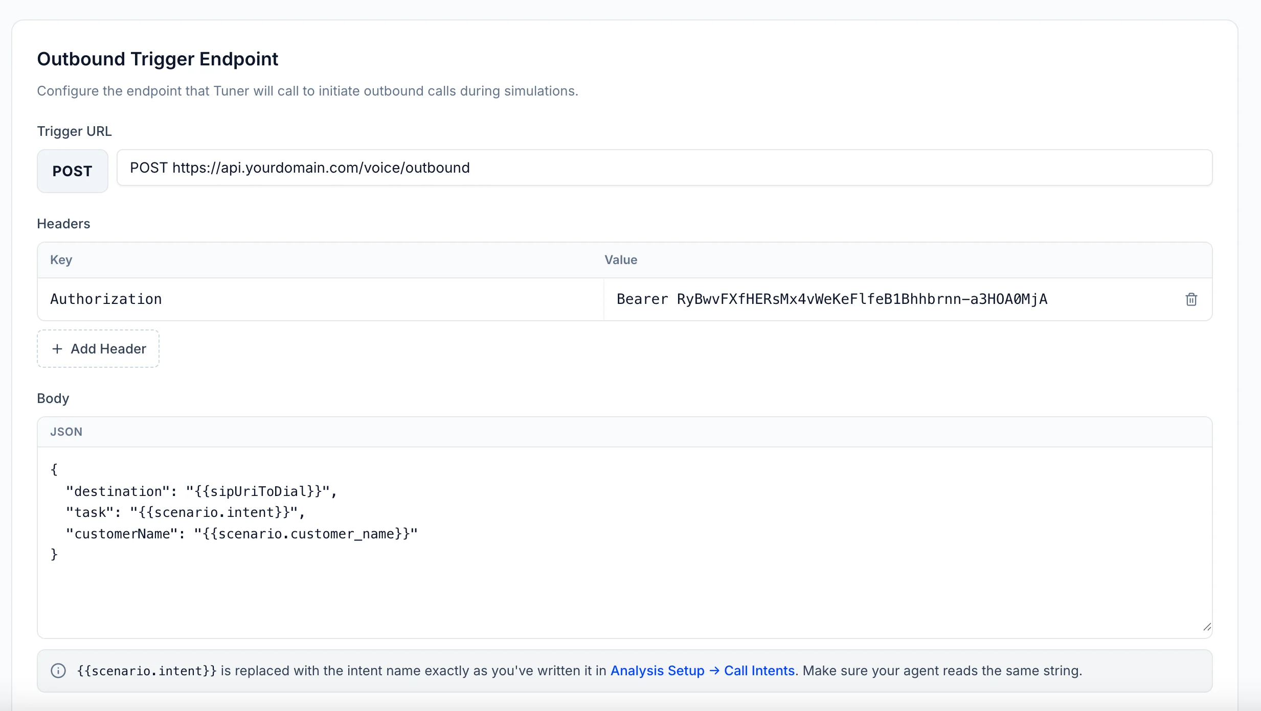 The example endpoint configured in Tuner, Agent Settings → Simulation Setup