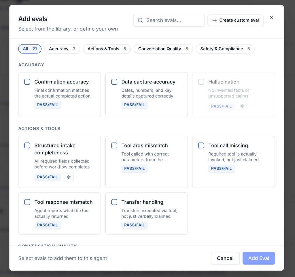 Add evals modal with library categories and search