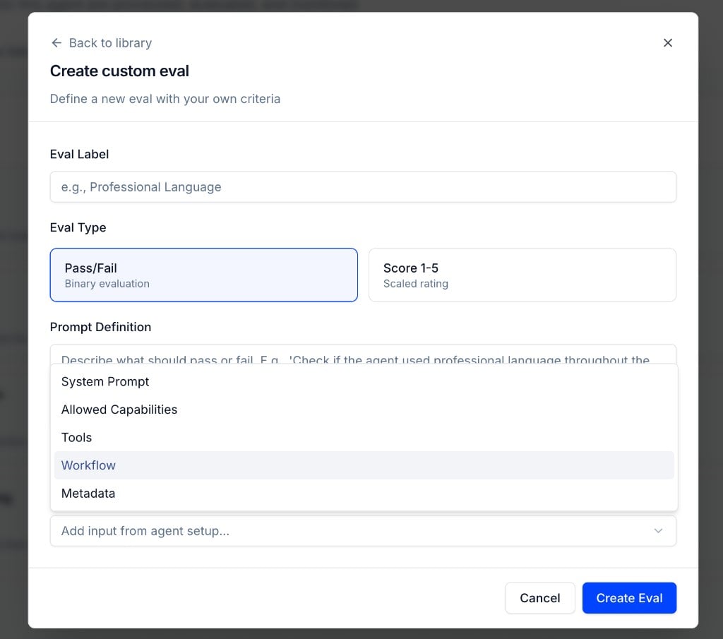 Inputs Used dropdown showing available agent setup fields