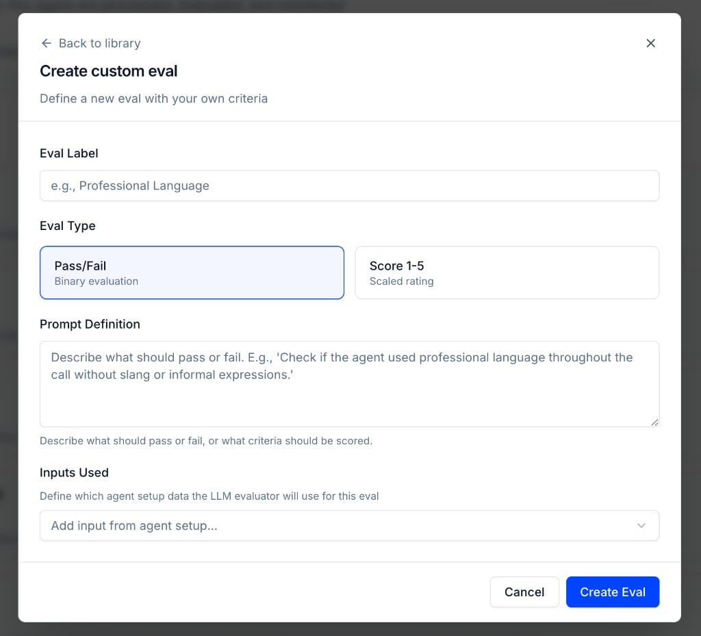 Create custom eval form with label, type, prompt, and inputs