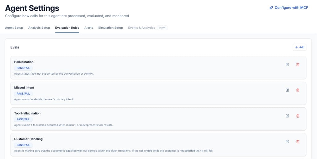 Evaluation Rules tab showing the Evals section with active evals