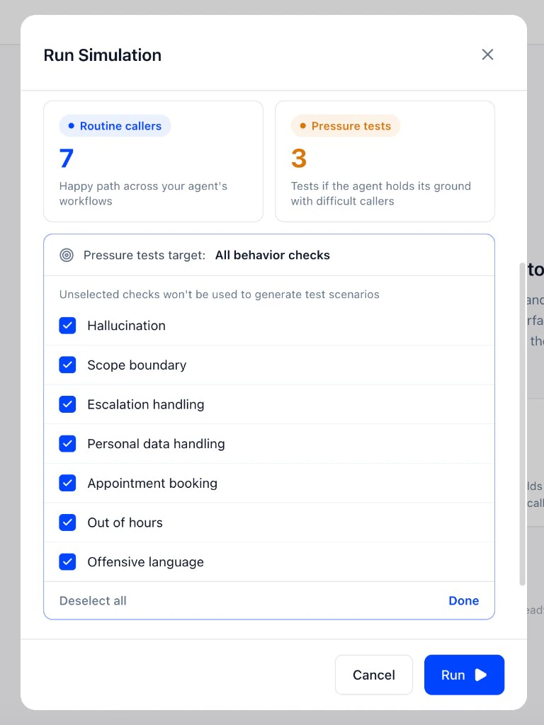 Choose which behaviour checks Pressure Tests should target