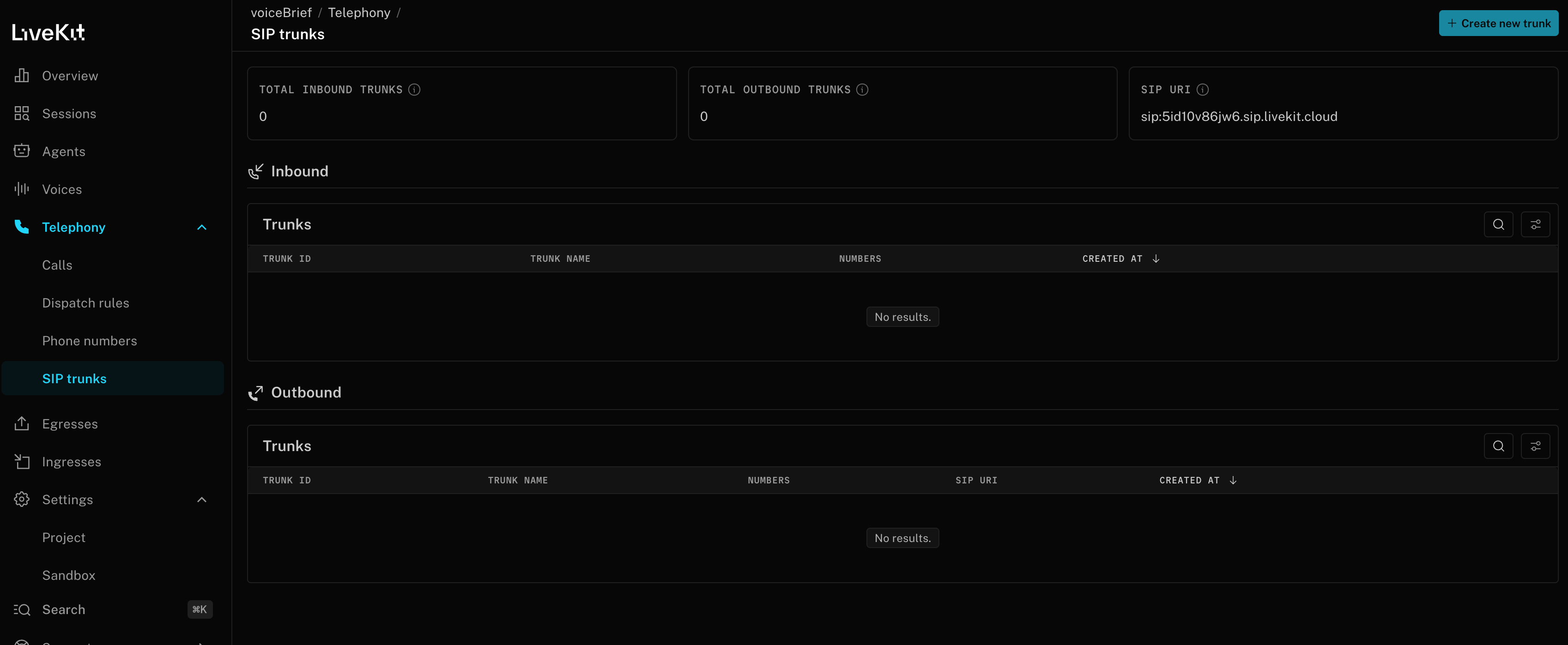 LiveKit Cloud, project SIP URI