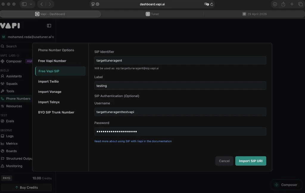 Creating a Free Vapi SIP trunk with credentials
