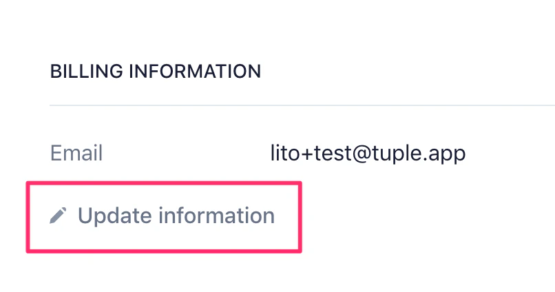 Stripe billing portal with the Update information button highlighted