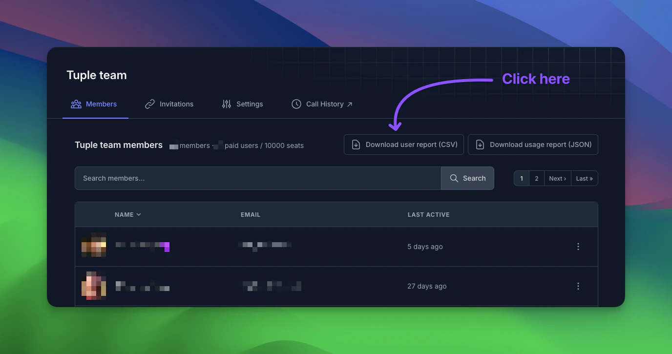 Team settings page with the Download user report CSV button highlighted