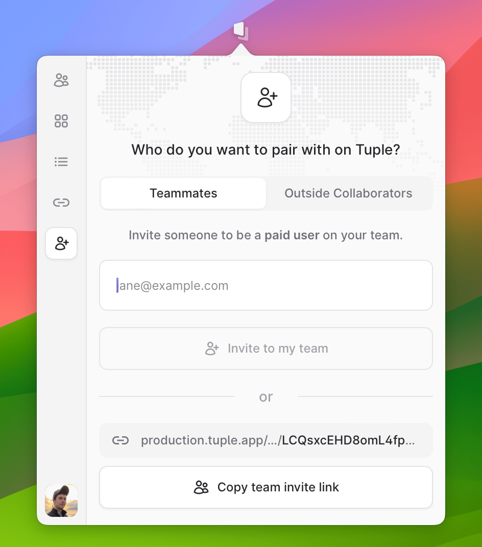 Invite tab showing teammate and outside collaborator invite options