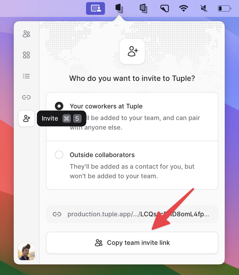 Invite screen with the Copy link button for the team invite link