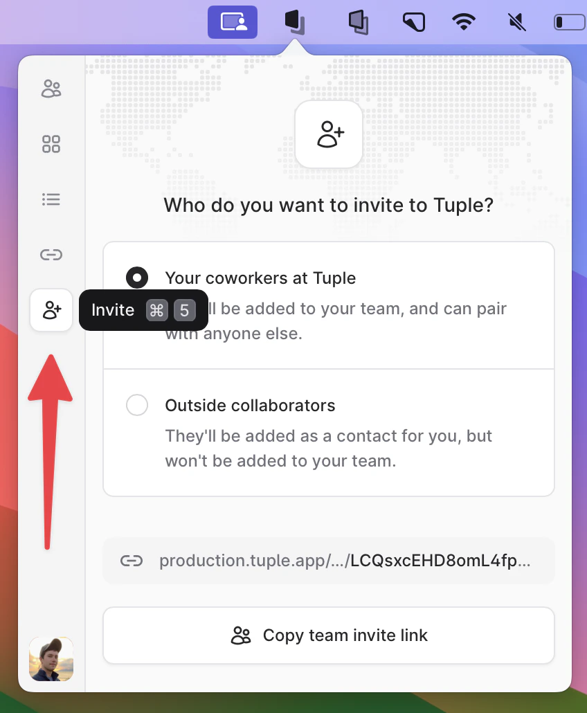 Invite tab selected in the Tuple popover