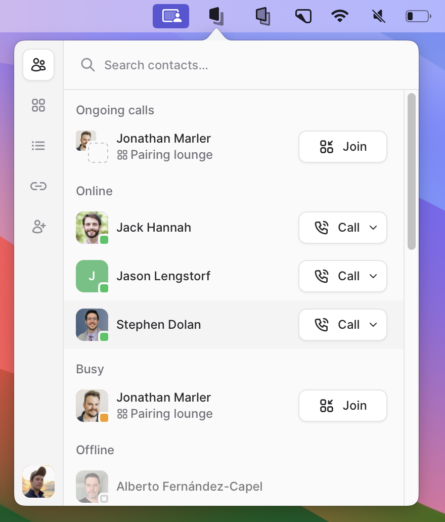 Tuple popover opened from the menu bar