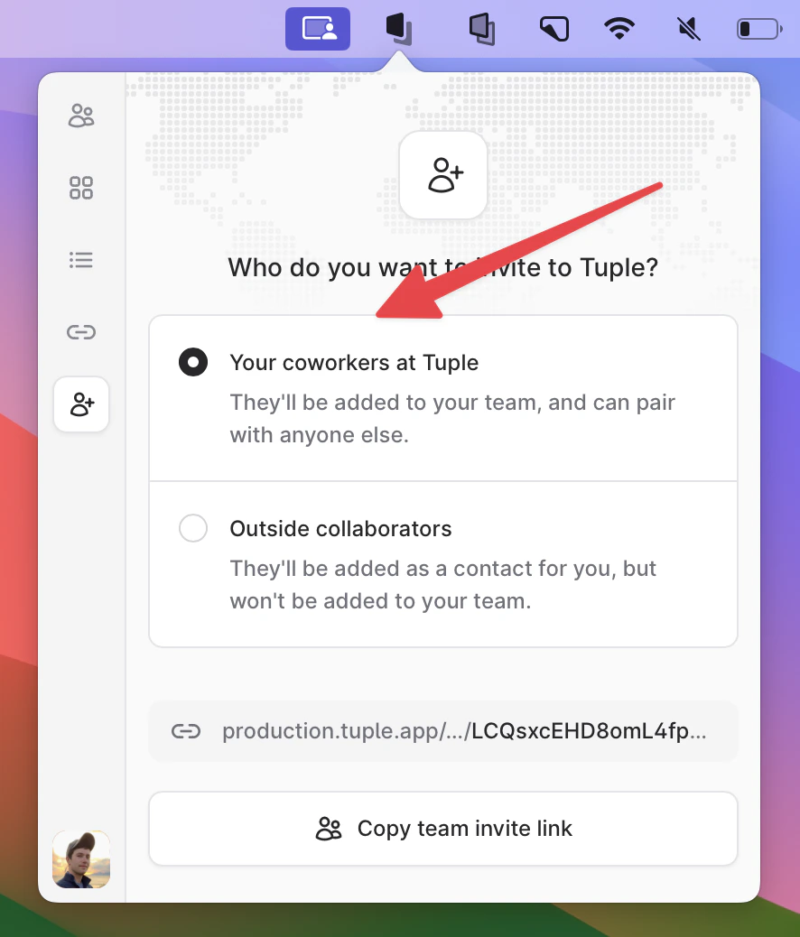 Invite screen with the team invite link option selected