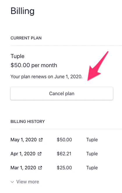 Stripe billing portal showing plan management and cancellation options