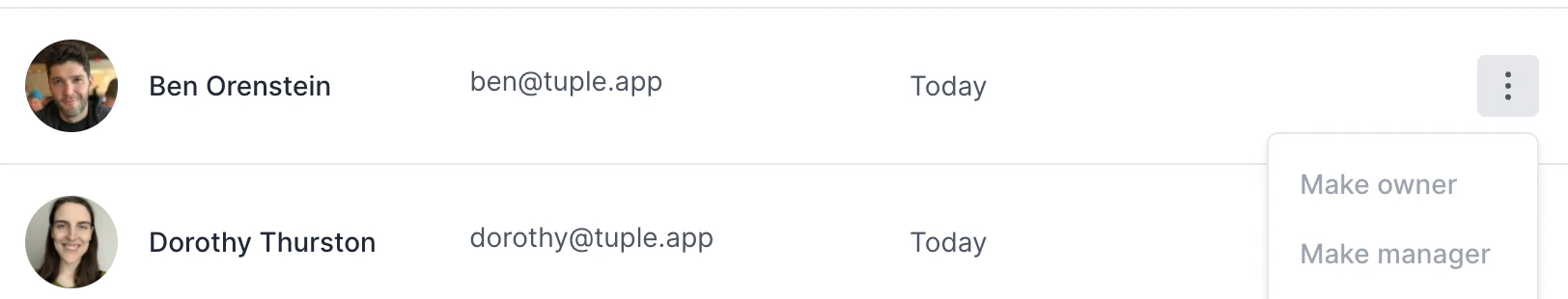 Team management page showing ownership transfer and manager actions