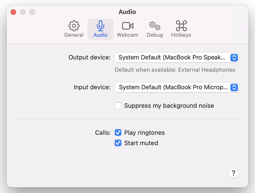 macOS sound settings with the system default input and output devices selected