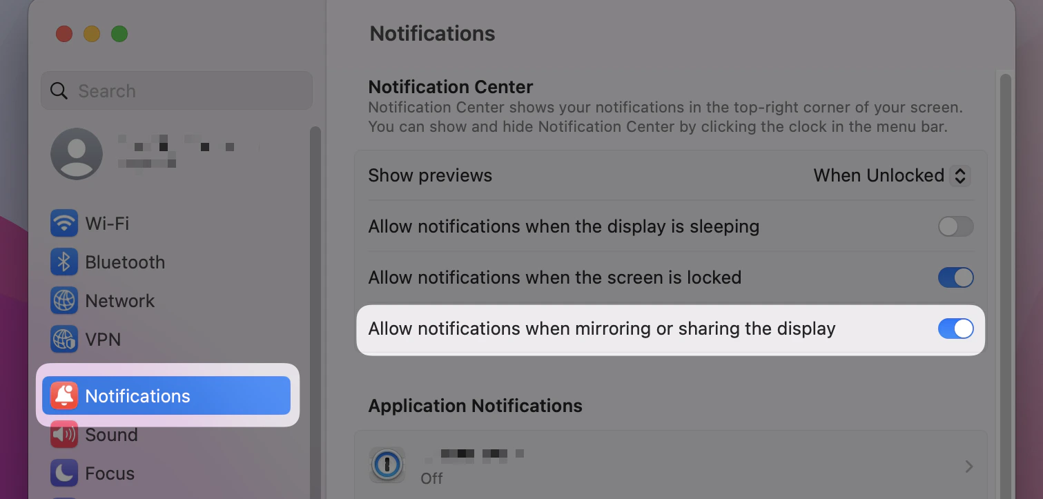 Notification settings showing Allow notifications when mirroring enabled