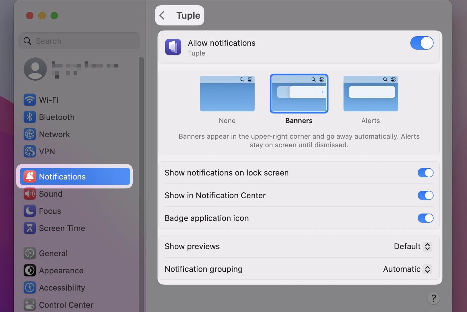macOS notification settings for Tuple