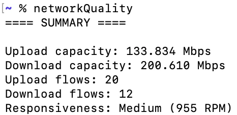 Terminal output from the macOS networkQuality command