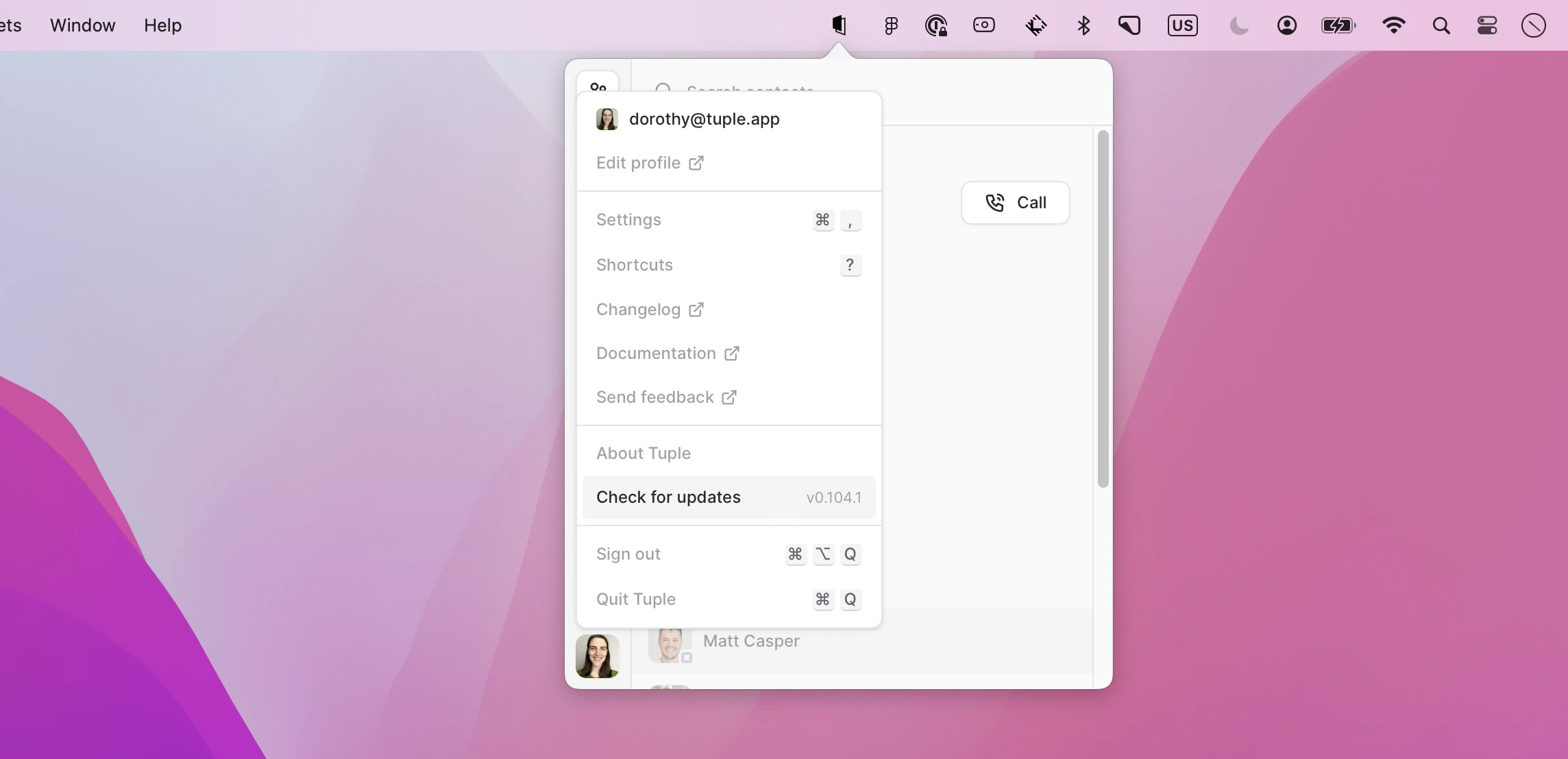 Tuple avatar menu with Check for updates highlighted