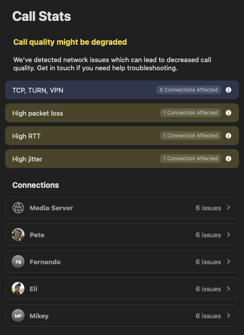 Call Stats showing connection types and degraded network metrics for a multi-participant call