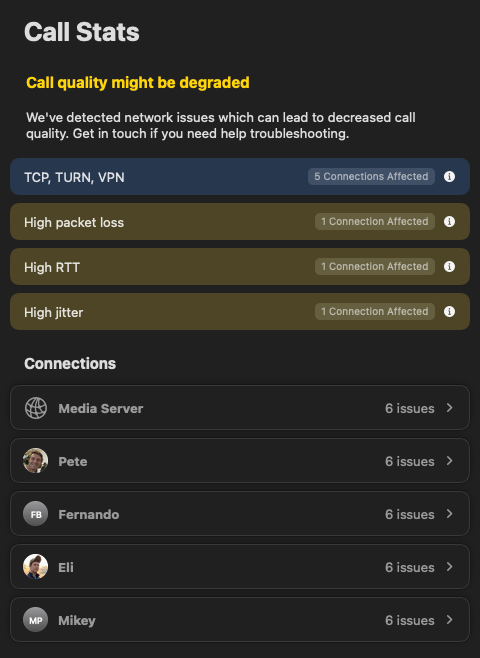 Call Stats showing connection types and degraded network metrics for a multi-participant call