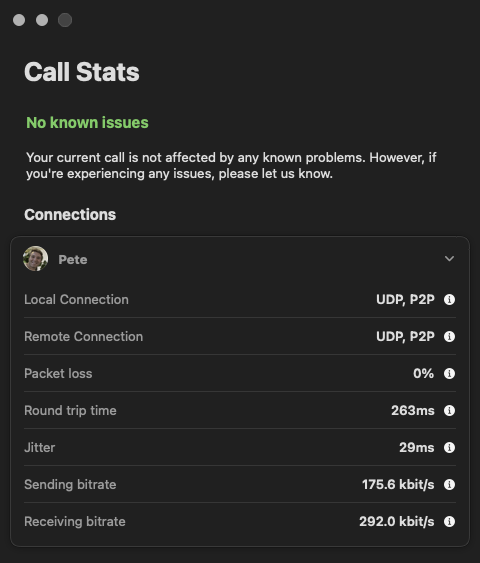 An expanded Call Stats connection showing network routing, packet loss, round-trip time, jitter, and bitrate