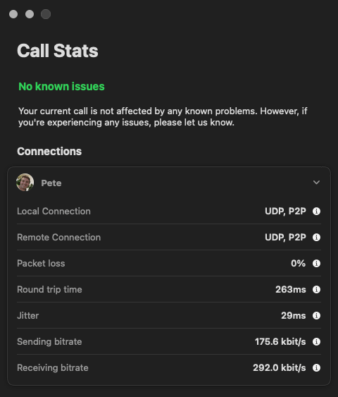 An expanded Call Stats connection showing network routing, packet loss, round-trip time, jitter, and bitrate