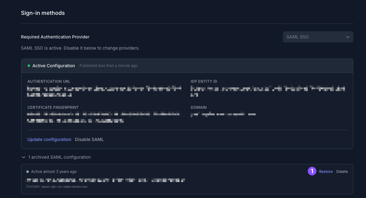 Archived SAML configurations with Restore and Delete actions