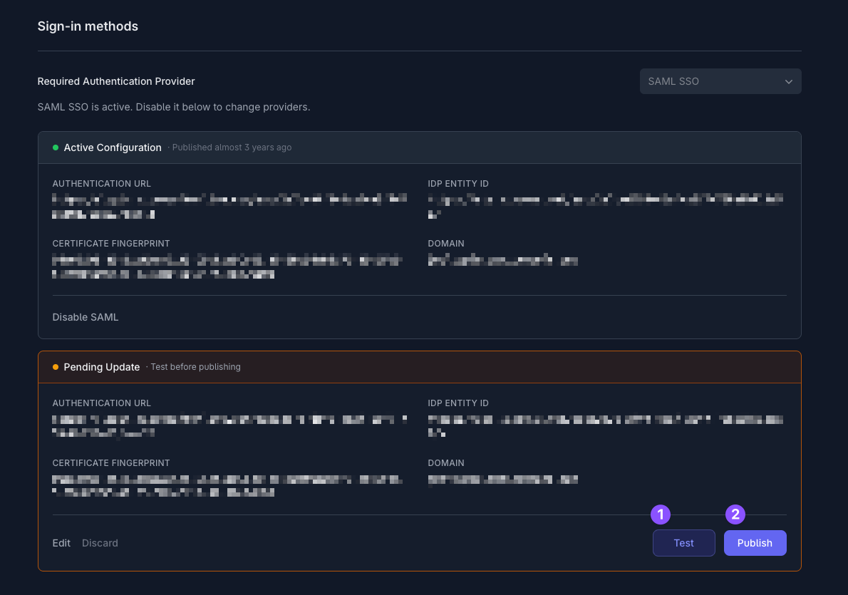 Pending SAML update showing Test and Publish actions
