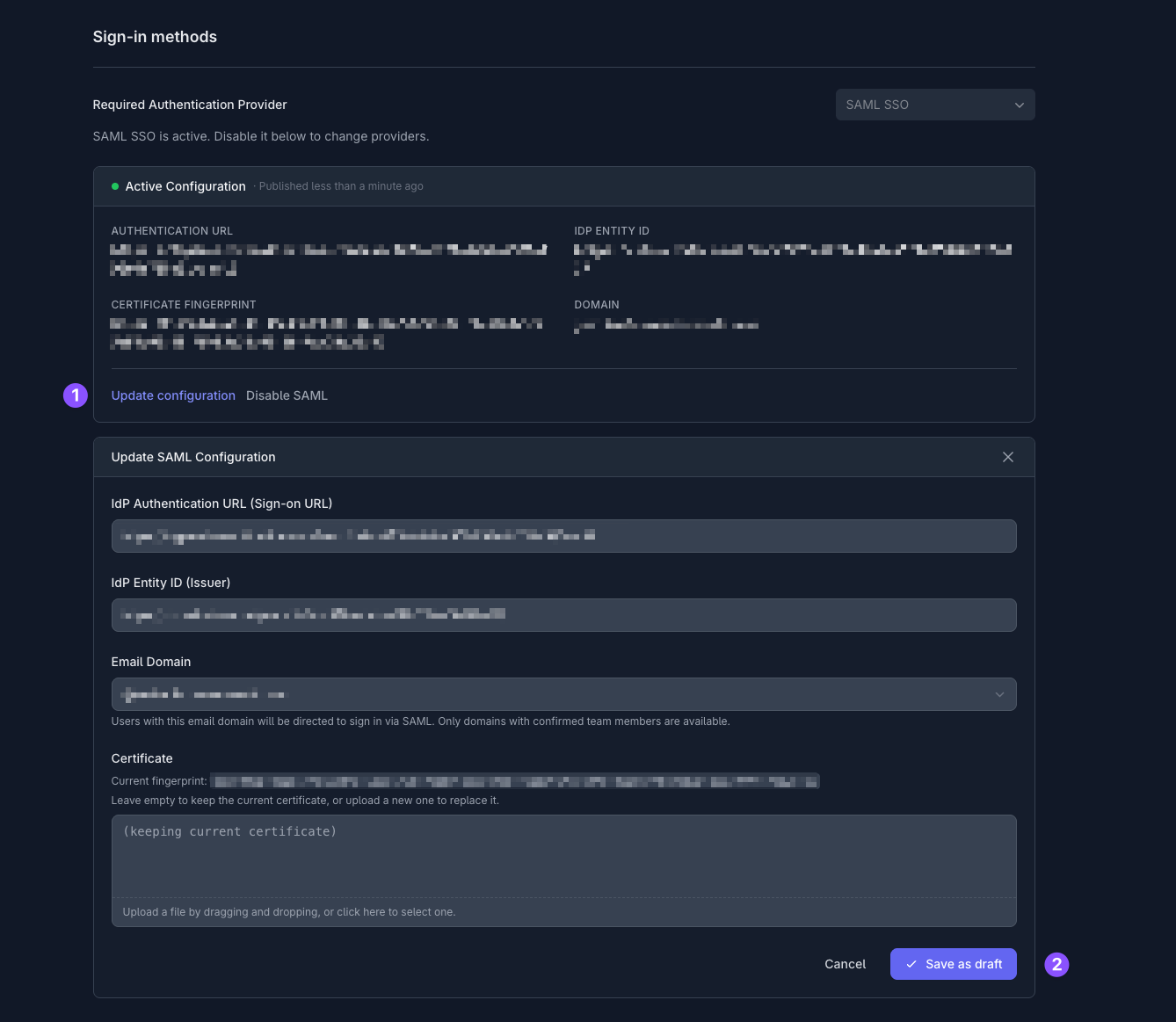 SAML configuration form in Tuple