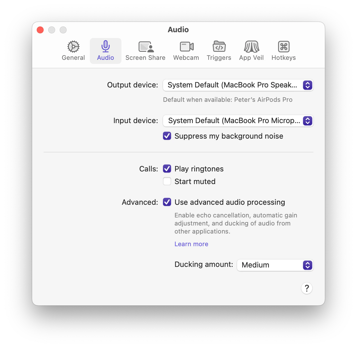 Settings window with the Audio tab selected on macOS