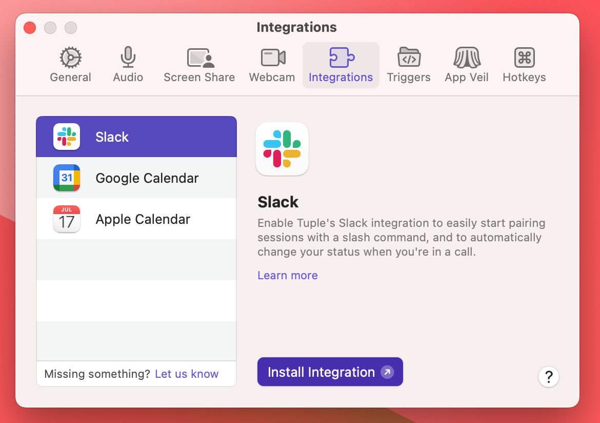 Settings window with the Integrations tab selected on macOS