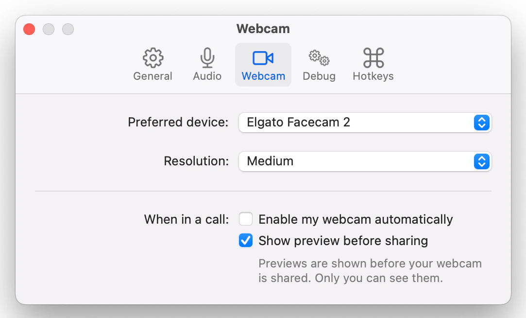 Settings window with the Webcam tab selected on macOS