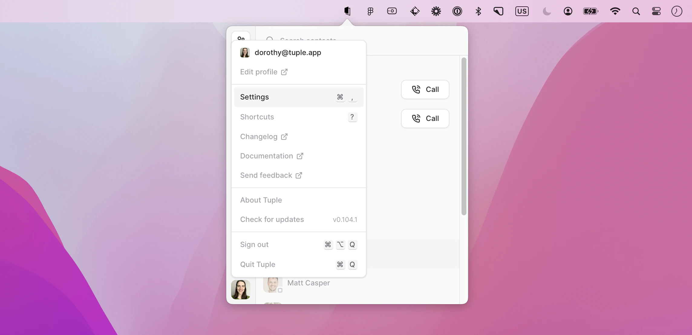 Tuple avatar menu with Settings selected on macOS