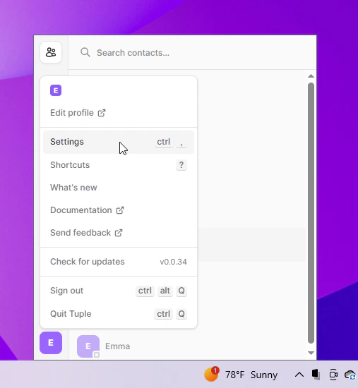 Tuple avatar menu with Settings selected on Windows