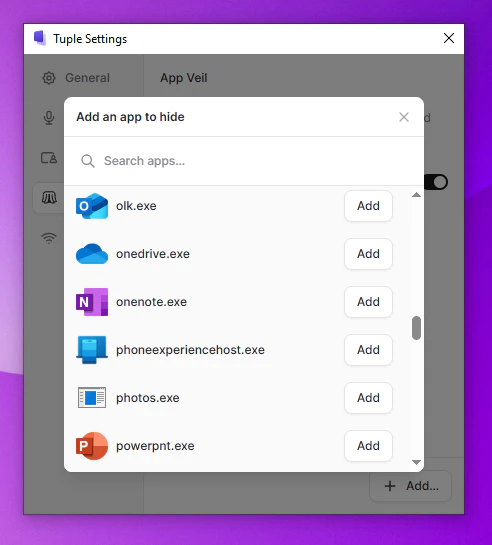 App Veil dialog listing installed apps that can be added to the veil list