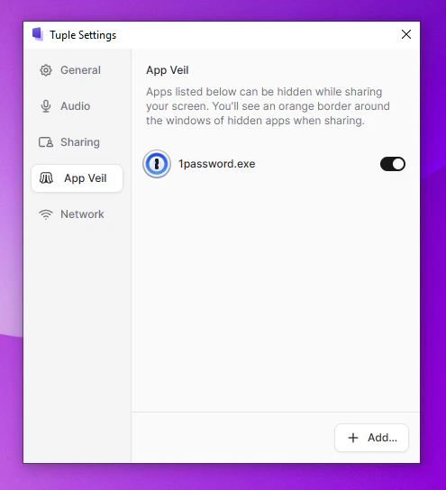 Settings window with the App Veil tab selected on Windows