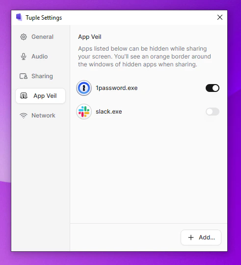 App Veil settings with a veiled app toggled on or off