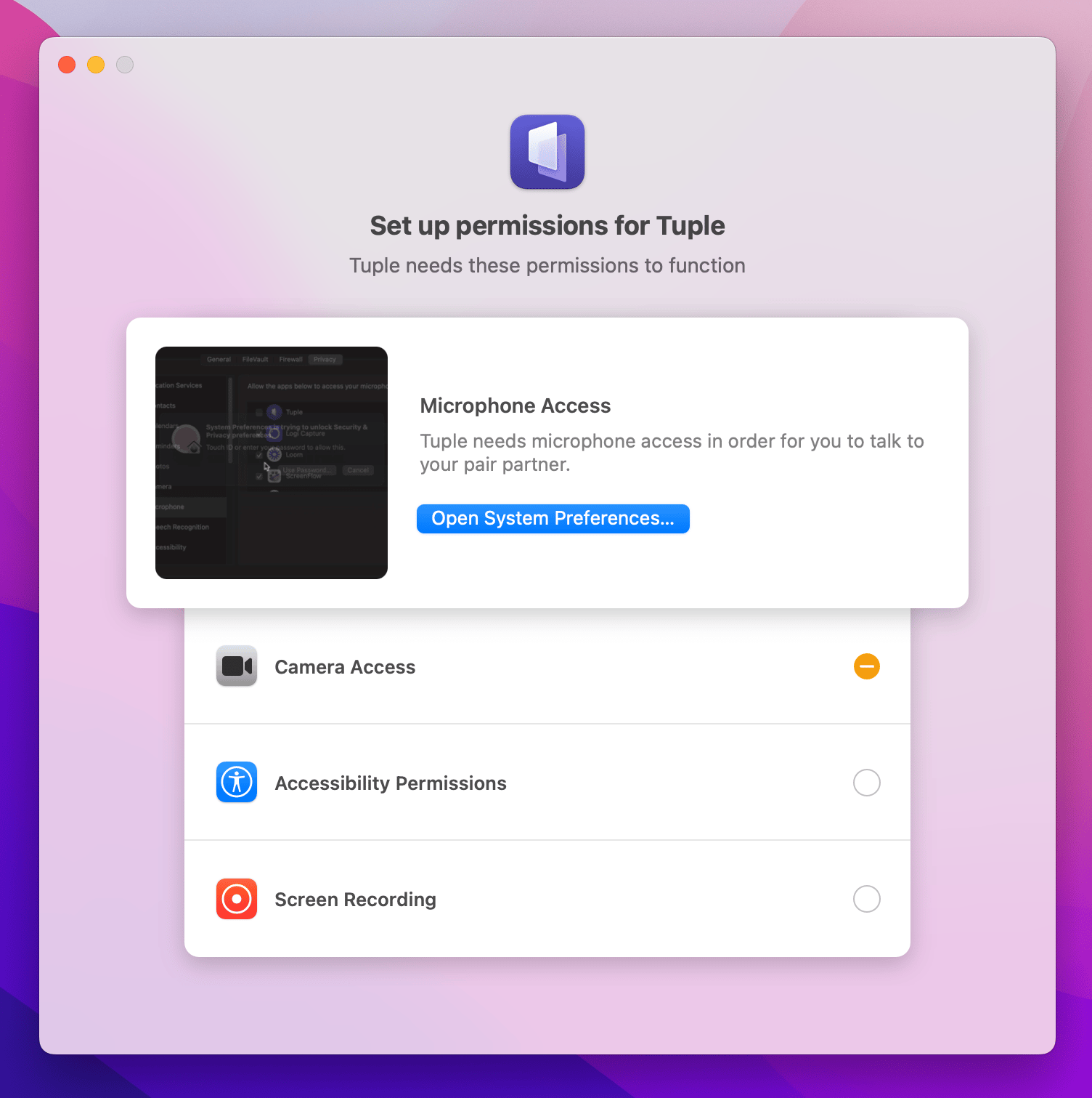 Permission prompts for microphone, camera, accessibility, and screen recording access