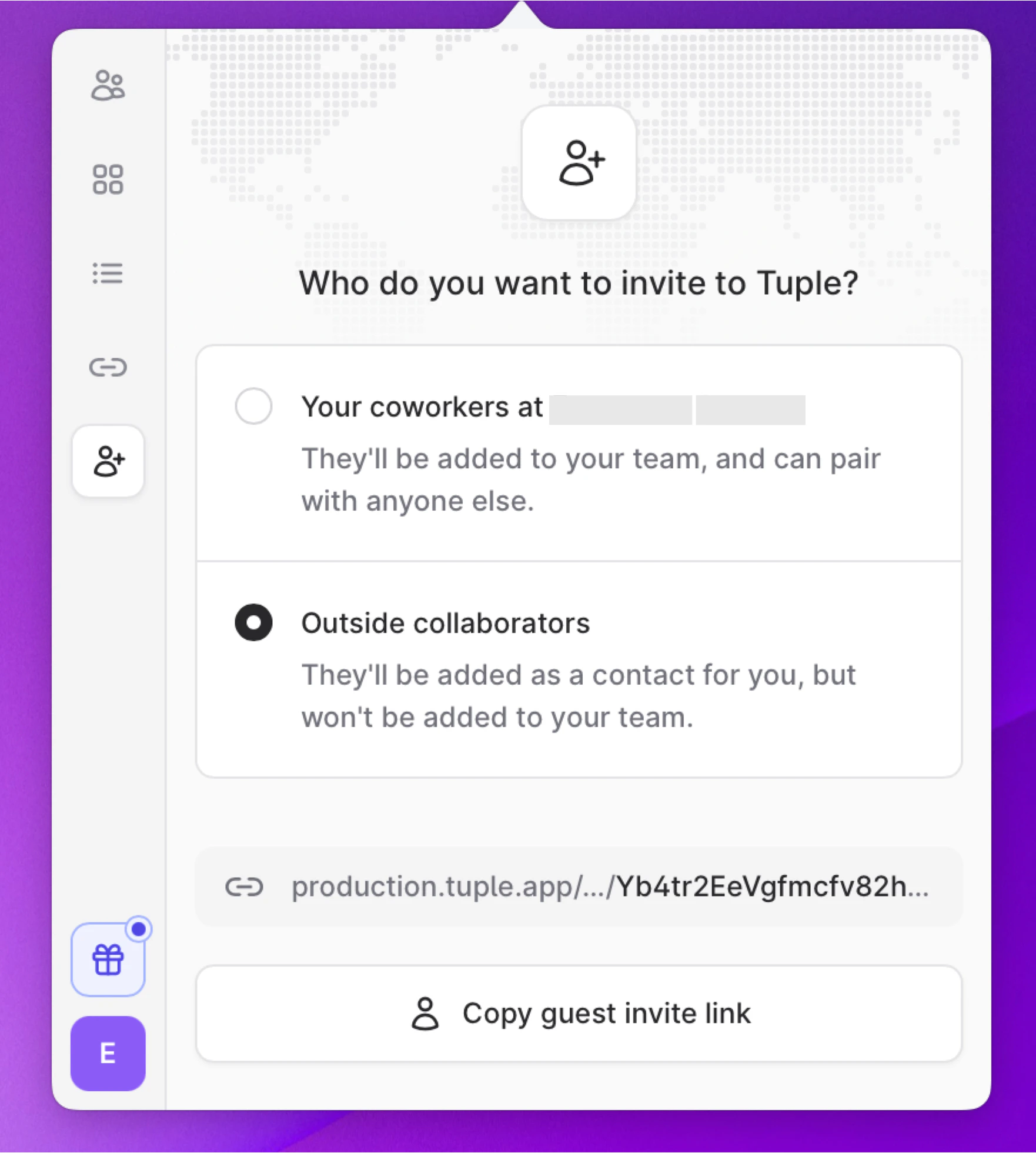 Invite flow with the Outside collaborators option selected
