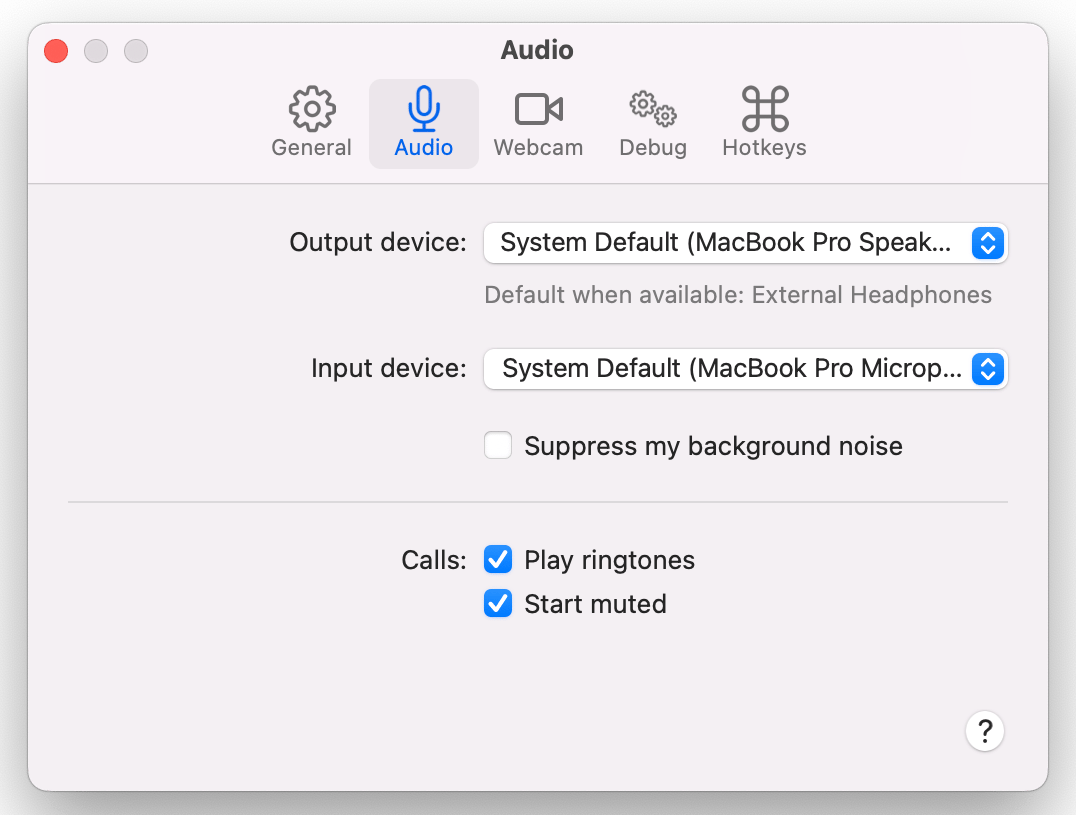 macOS sound settings with the system default audio devices selected