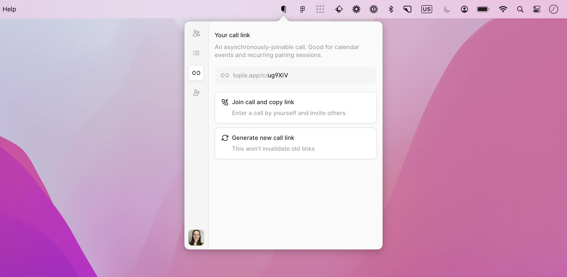 Link tab showing your personal call link options