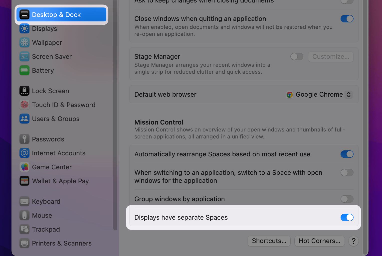 macOS Desktop & Dock settings with Displays have separate Spaces enabled