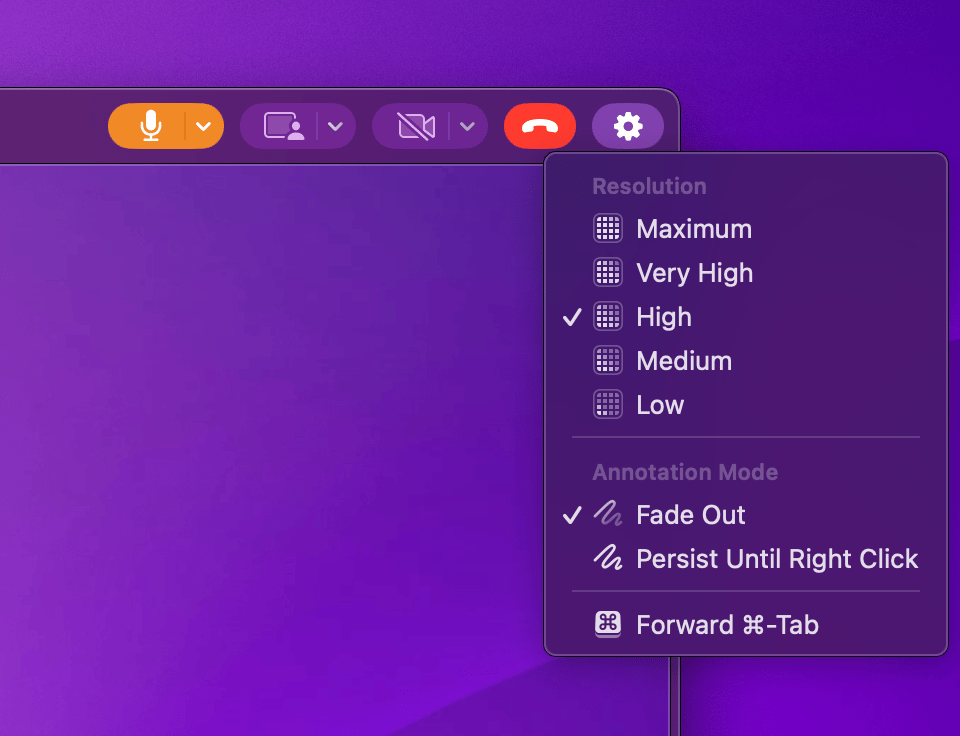 Guest settings menu with stream resolution, paint persistence, and command-tab forwarding options
