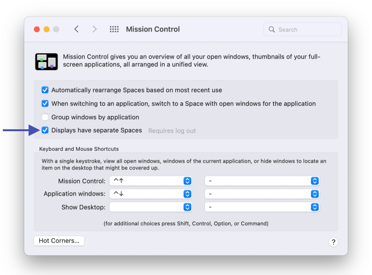 macOS Mission Control settings with Displays have separate Spaces enabled