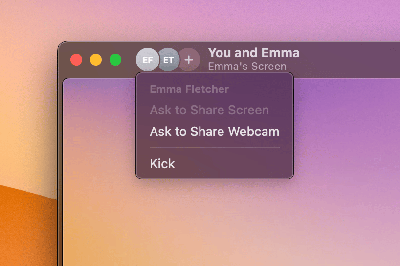 Participant avatar menu with options to request a screen share, request a webcam, mute audio, or remove a participant