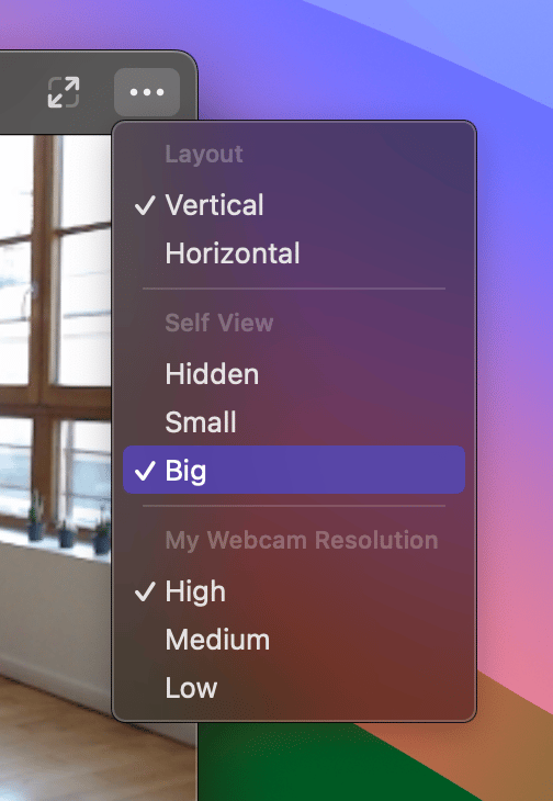 Coding mode self-view size options for small and big tiles